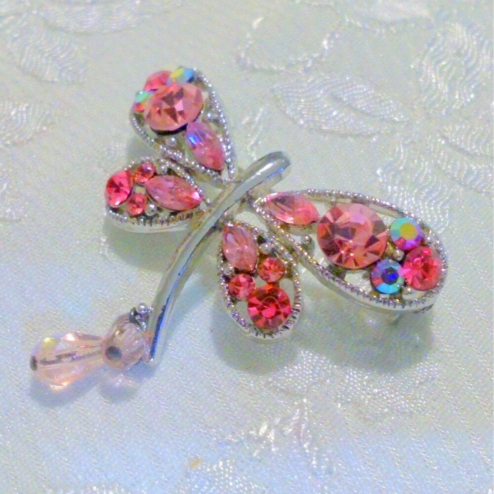 Pink Rhinestone Silver Tone Dragonfly Brooch - Picture 3 of 4